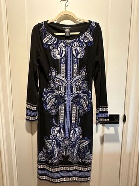 INC International Concepts Black Dress with Blue White Paisley Print